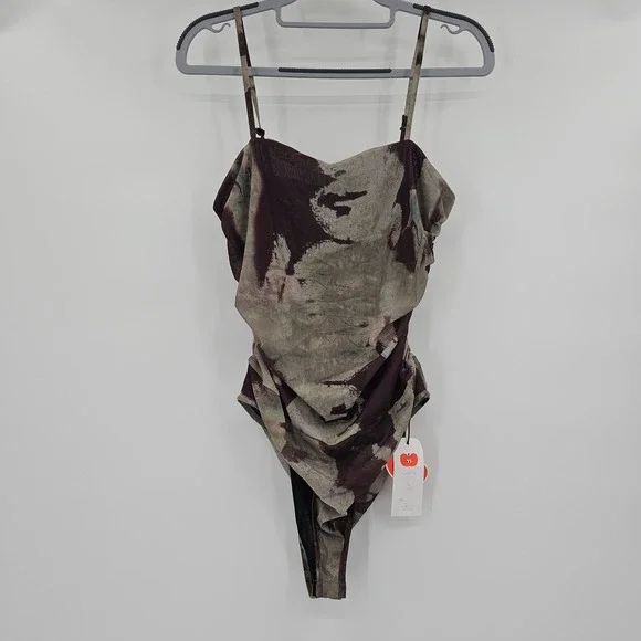 Cider Womens Abstract Portrait Graphic Mesh Bodysuit Ruched Brown Olive Large - Picture 1 of 11